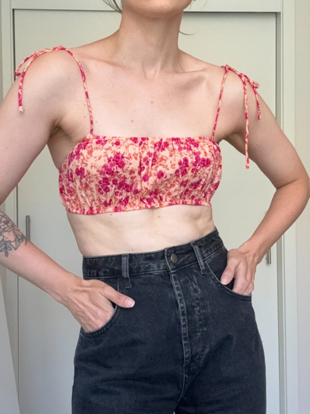 Motel Rocks Floral Tie Strap Crop Top Pink Peach
